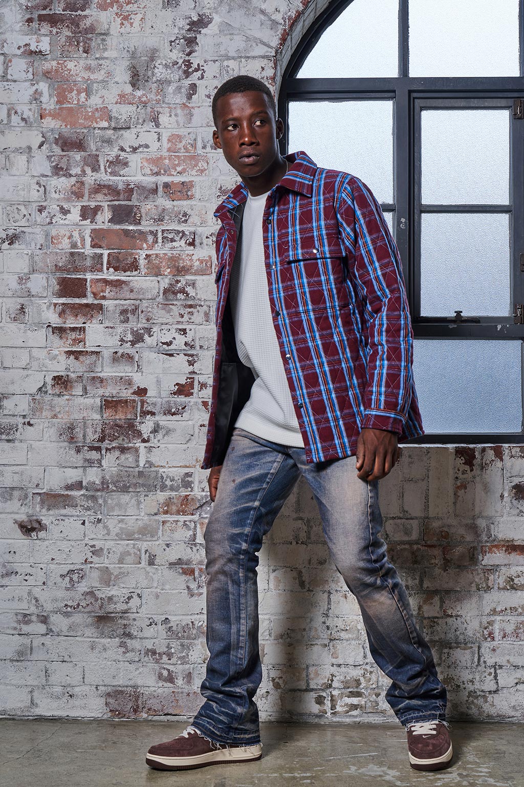 QUILTED CHECK SHIRTS JACKET - BURGUNDY